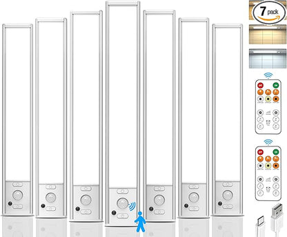 Under Cabinet Lights with Remote Control,2500mAh USB Rechargeable Motion Sensor Light Indoor,350 Lumen LED Closet Light,3 Color Temps Wireless Under Counter Lights for Kitchen, Wardrobe,Hallway,7 Pack