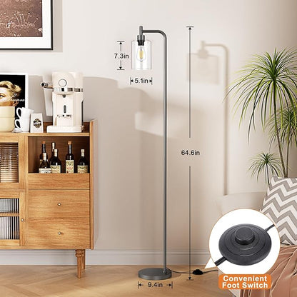 Floor Lamps for Living Room - Industrial Standing Lamp with Glass Shade, Modern Grey Floor Lamp with LED Bulb, Farmhouse Floor Lamp for Bedroom, Tall Lamp for Office - Grey