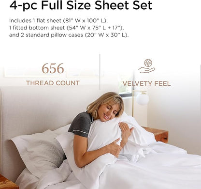 Threadmill Luxury Full Size Sheets | 656 Thread Count Certified Supima Cotton for Full Size Mattress | 5-Star Hotel Quality 4 Piece Bed Sheets with Extra Deep Pocket | White Sheets