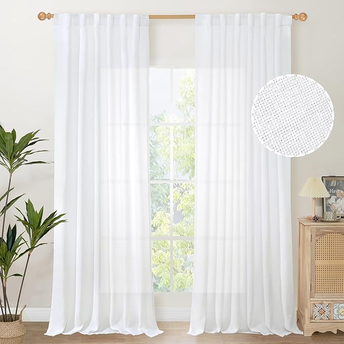 YoungsTex Linen Curtains 90 Inches Length for Living Room Rod Pocket White Window Drapes Light Filtering for Bedroom Dining Room Office Let Light in, 52 X 90 Inch, 2 Panels