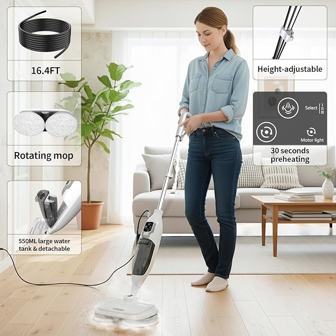 Steam Mop with 13 Accessories,Steam Cleaner Home Use,Floor Scrubber spin mop for Hard Wood Floors,tile Scrub Steamer Deep Cleaning,Carpet, 4 Washable Mop Pads, 550ml Capacity,30 Second Heat-Up