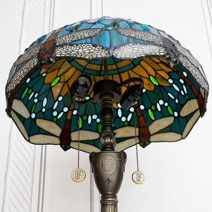 Tiffany Floor lamp Stained Glass Lamps for Living Room Bedroom Office Rustic Corner Standing Tall Vintage Light Kids Unique Pulling Chain Green Dragonfly Style Lighting