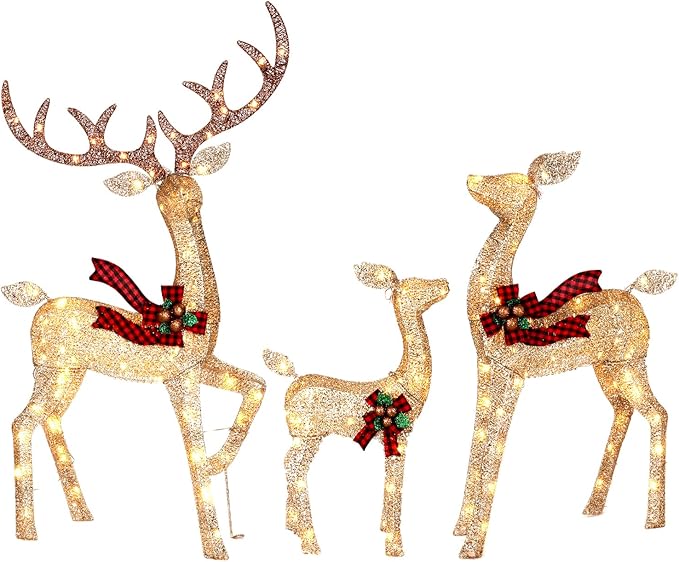 3-Piece Large Lighted Christmas Deer Family Set, Christmas Indoor and Outdoor Decoration with 225 Warm White LED Lights, Ground Pegs, Cable Ties. Suitable for Patio Lawn Garden Party-Champagne