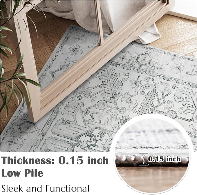 jinchan Kitchen Runner Rug 2x6-2pcs,Vintage Hallway Rug Washable Floral Non-Slip with Rubber Backing Soft Carpet Runner for Bedroom Laundry Room Living Room Grey