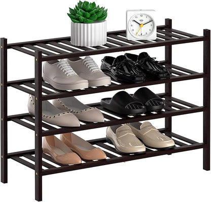 RONGJlA 4 Tier Bamboo Shoe Rack for Closet Free Standing Wood Shoe Shelf Storage Organizer for Entryway Small Space Stackable, Brown
