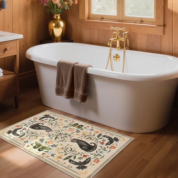 GarveeHome Cat Entryway Rug, 2x3 Mushroom Insect Beige Washable Front Door Rug Indoor Entrance Floral Carpet Non-Slip Low Pile Throw Rugs for Kitchen Floor, Powder Room, Entry, Bathroom, Kids Room