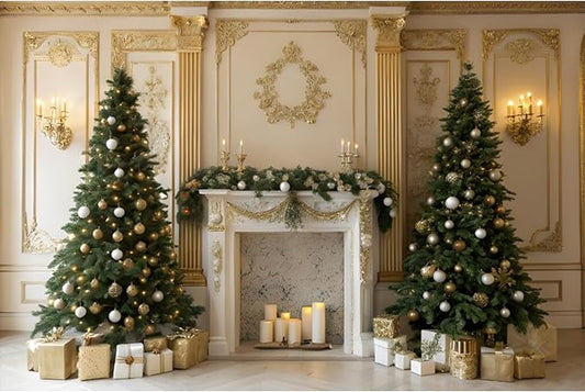 YongFoto Christmas Fireplace Backdrop 10x7ft Room Christmas Trees Classic Retro Wall Photography Background New Year Xmas Eve Family Winter Holiday Party Banner Photoshoot Wallpaper Photo Booth