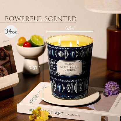 HomeLights Scented Candles | Large Jar 34 Oz Natural Soy Candle | 130 hrs Long-Lasting with 3 Wicks | Bohemian Natural for Home Decor | Gifts for Mom & Women, White Jasmine Tuberose
