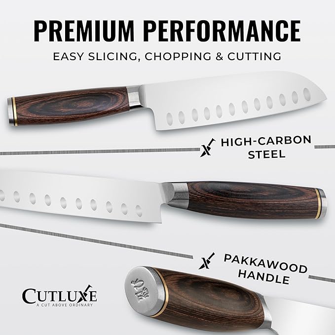 Santoku Knife – Ultra Sharp 5 Inch Meat and Vegetable Japanese Knife for Chopping, High Carbon Stainless Steel Blade, Full Tang Pakkawood Handle – Shinobi Series