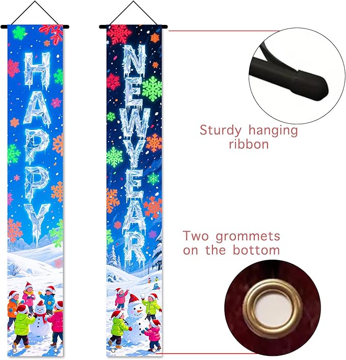 Nuxovilar Happy New Year Banner, 70.86" x 11.81" Colorful Balls Fireworks Hanging Decorations for Outdoor Indoor Home Wall