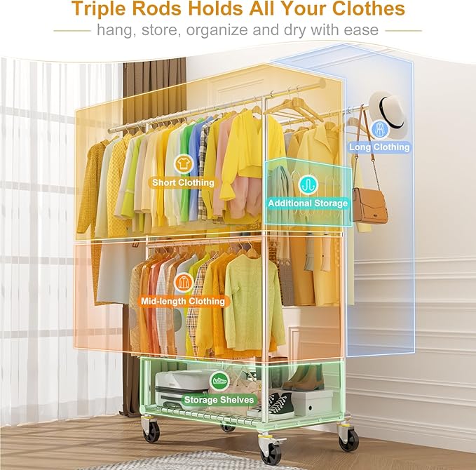 100% Stainless Steel Heavy Duty Clothes Rack Load 860LBS, Adjustbale Height Double Rods Clothing Racks for Hanging Clothes, Rolling Garment Rack With Sturdy Wheels Shelf (Silver, Three Rod)