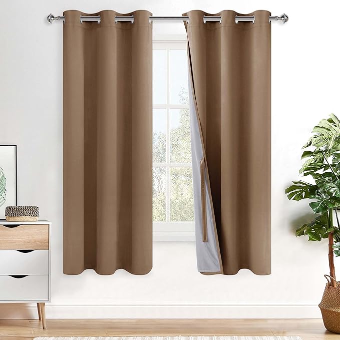 XWZO 100% Blackout Curtains 72 Inches Long with Tiebacks- Heat and Full Light Blocking, Thermal Insulated Window Panels with Grommets for Bedroom/Nursery, Cappuccino, W42 x L72, Set of 2 Draperies