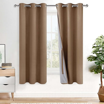 XWZO Complete Blackout Shades Window Curtain Panels with Tiebacks- Noise Reduction and Light Blocking Grommet Curtains with Black Liner for Studio, Basement, Cappuccino, W42 x L63, Set of 2 Panels