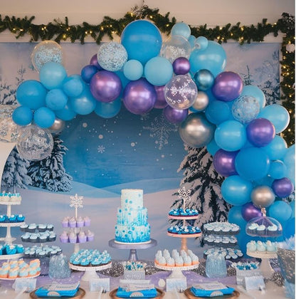 Frozen Balloons, 12 Inch Blue and Purple Balloons, Metallic Silver Blue Frozen Print Snowflake Confetti Balloon for Girls Woman Ice and Snow Winter Theme Birthday Party Decorations