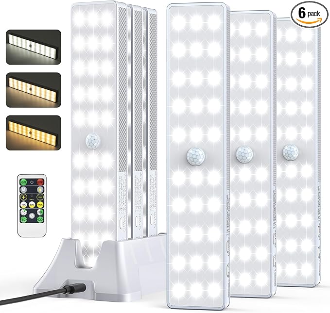 LED Closet Light with Charging Station, 6 Pcs 3 Color Temperatures 30LEDs Dimmer Rechargeable Motion Sensor Under Cabinet Lighting, Stick-on Night Light for Kitchen