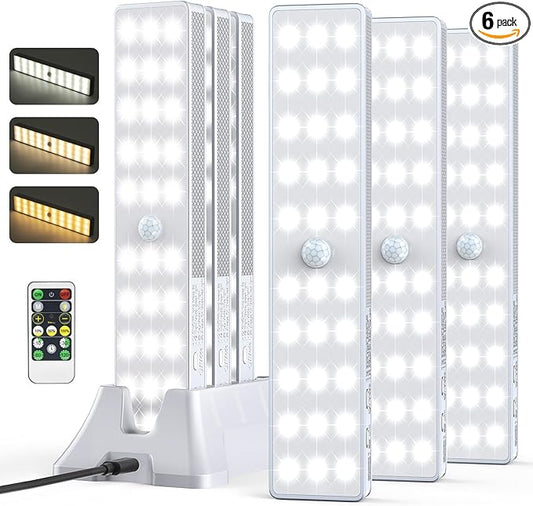 LED Closet Light with Charging Station, 6 Pcs 3 Color Temperatures 30LEDs Dimmer Rechargeable Motion Sensor Under Cabinet Lighting, Stick-on Night Light for Kitchen
