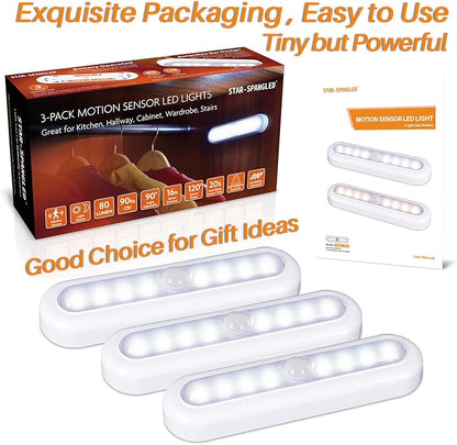 STAR-SPANGLED 3 Pack 7” Motion Sensor Lights Indoor Battery Operated, Stick on LED Light for Closet, Stairs, Under Cabinet, Cool White