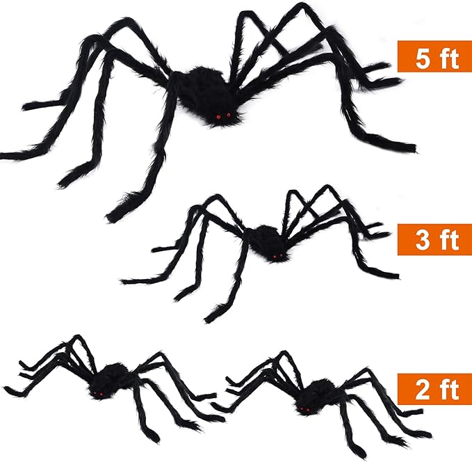 yosager Outdoor Halloween Decorations 4Pcs Realistic Giant Spiders, Huge Hairy Scary Halloween Spider Prop, Black Spooky Spider for Indoor House Outdoor Window Yard Patio Decor (24" 24" 36" 60")