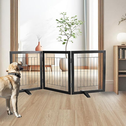 ZJSF Freestanding Dog Gate Indoor, Foldable Dog Fence for Doorways,Hallways or Stairs, Sturdy Wood Extra Wide Pet Gate with Support Feet,Black,24 "Height-3 Panels