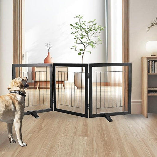 ZJSF Freestanding Dog Gate Indoor, Foldable Dog Fence for Doorways,Hallways or Stairs, Sturdy Wood Extra Wide Pet Gate with Support Feet,Black,24 "Height-3 Panels