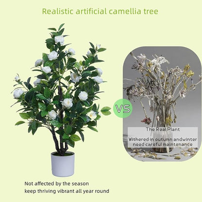 Artificial Camellia Tree 35in Faux Floral Plant with Orange Flowers and Green Leaves - No Maintenance Indoor Outdoor Office Home Porch Decor Housewarming Gift(2-Pack，Orange)