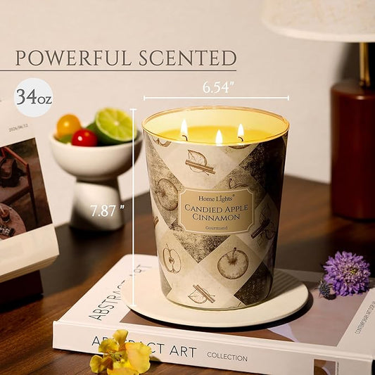 HomeLights Scented Candles | Large Jar 34 Oz Natural Soy Candle | 130 hrs Long-Lasting with 3 Wicks | Rustic Modern Home Decor | Gifts for Mom & Women, Candied Apple Cinnamon
