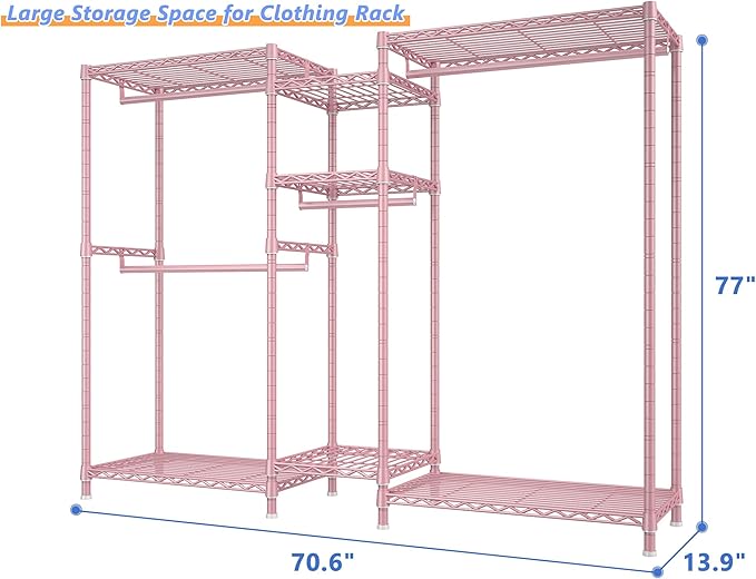 Raybee Clothes Rack Heavy Duty Clothing Racks for Hanging Clothes Adjustable Hanging Clothes Rack Garment Rack, Pink, 13.9" D x 70.6" W x 77" H
