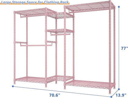 Raybee Clothes Rack Heavy Duty Clothing Racks for Hanging Clothes Adjustable Hanging Clothes Rack Garment Rack, Pink, 13.9" D x 70.6" W x 77" H