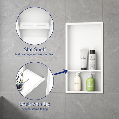 Stainless Steel Shower Niche White 24" X 12" No Tile Needed Wall Niche Double Shelves Recessed Shower Shelf for Bathroom