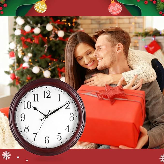 Wall Clock Wood 14 Inch Round Wooden Wall Clocks Battery Operated Non Ticking Analog Rustic Farmhouse Clock for Christmas Kitchen Living Room Bedroom