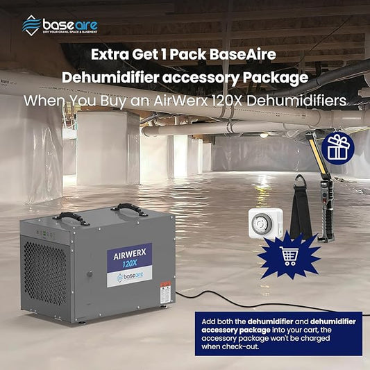 BASEAIRE 235 Pints Crawl Space Commercial Dehumidifier with Pump, AirWerx120X Dehumidifier Whole Homes, Basements, up to 3,300 sq. ft. cETL, Water Damage Storage