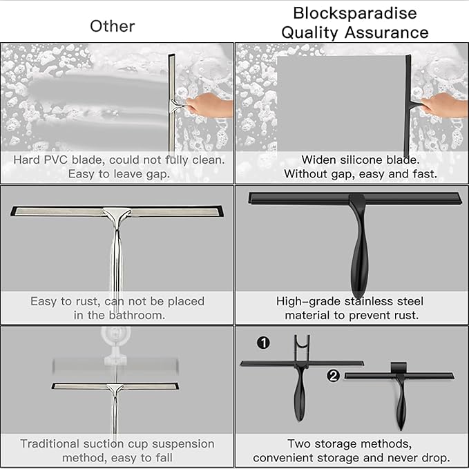 peafowl Shower Squeegee Stainless Steel Bath Squeegee for Shower Glass Doors Bathroom Windows Kitchen Mirror and Car Glass with Hooks Holder (12 inch, Black)