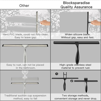 peafowl Shower Squeegee Stainless Steel Bath Squeegee for Shower Glass Doors Bathroom Windows Kitchen Mirror and Car Glass with Hooks Holder (12 inch, Black)