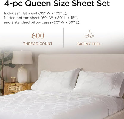 Threadmill 100% Cotton Sheets for Queen Size Bed - 600 Thread Count Queen Bed Sheets Set with 16” Deep Pocket - Jacquard Sateen Weave 4-Piece Bedding Set with Cooling Effect, White