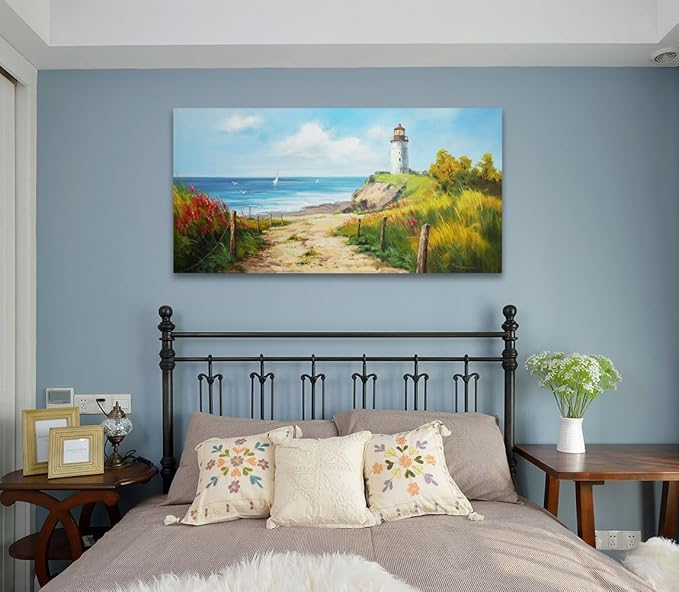Acocifi Beach Canvas Wall Art Lighthouse Picture Nature Fall Landscape Blue Ocean Coastal Seascape Canvas Painting, Textured Artwork Large Framed for Living Room Bedroom Bathroom Office Home Decor 40"x20"