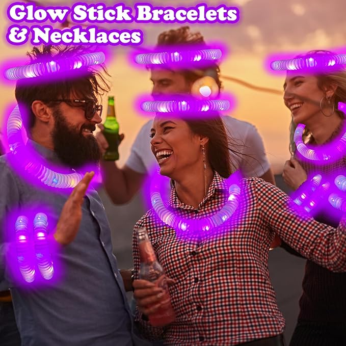 Purple Glow Sticks Pop Tubes, 24PCS Mardi Gras Party Favors, Light Up Necklaces & Bracelets Accessories Decorations, Glow Birthday Wedding Carnival Valentines Day Party Supplies for Kids & Adults