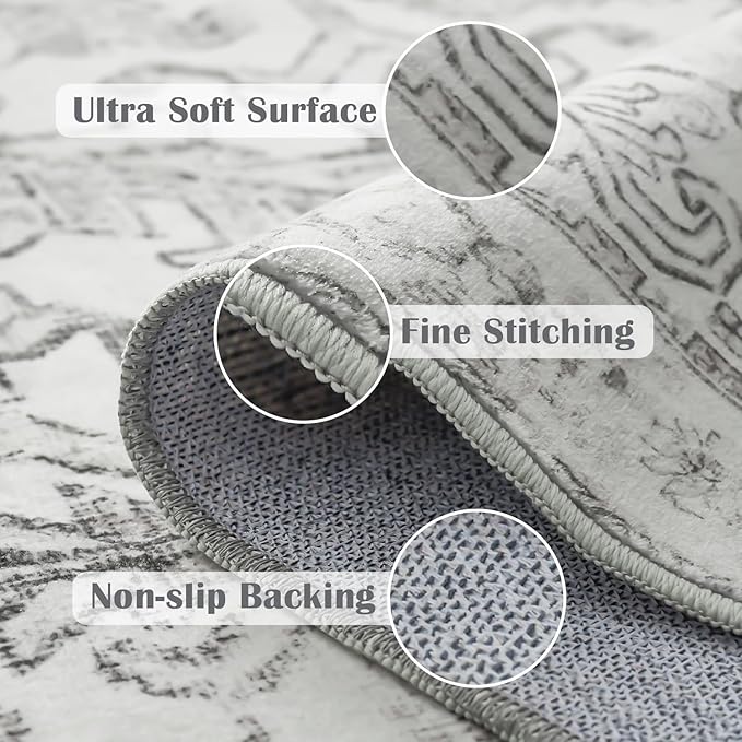 jinchan 2x3 Washable Rug for Entryway - Vintage Floral Ultra-Thin Low Pile Soft Small Non Slip Distressed Indoor Door mat Accent Area Rug for Entrance Kitchen Bathroom Bedroom (2x3ft,Grey)