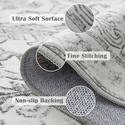 jinchan Runner Rug 2x5 Washable Hallway Runner - Vintage Floral Non Slip Low-Pile Soft Ultra-Thin Kitchen Rug Distressed Carpet for Farmhouse Bedroom Entryway Laundry Room (2x5ft,Grey)