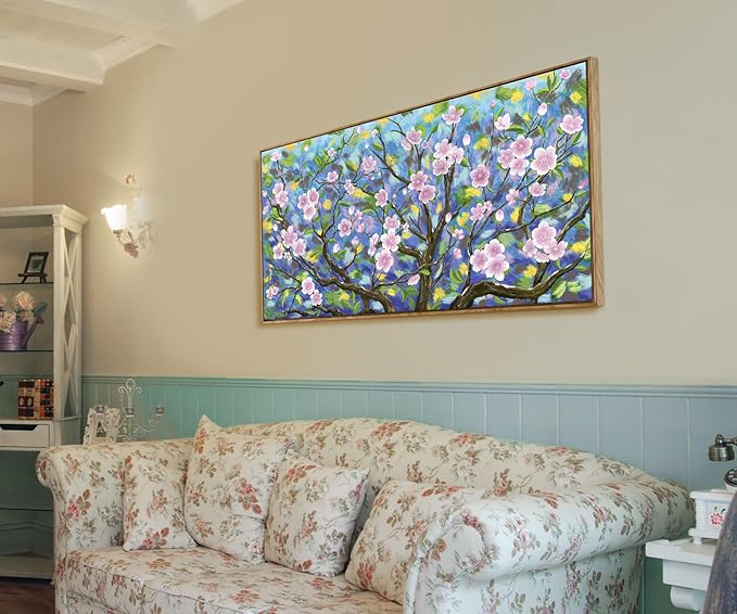 ARTZON Large Framed Canvas Wall Art Pink Green Tree Flower Artwork Plum Blossom Botanical Aesthetic Gallery-wrapped Nature Picture for Living Room Above Bed Women Girly Bedroom Hallway Decor 48"x24"
