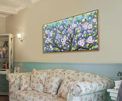 ARTZON Large Framed Canvas Wall Art Pink Green Tree Flower Artwork Plum Blossom Botanical Aesthetic Gallery-wrapped Nature Picture for Living Room Above Bed Women Girly Bedroom Hallway Decor 48"x24"
