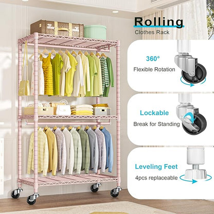 P3 Rolling Clothes Rack, Clothing Racks for Hanging Clothes, Heavy Duty Garment Rack with Wheels, Freestanding Portable Closet Organizer 39.4''W x 14''D x 78.5''H, Max Load 464 LBS, Pink