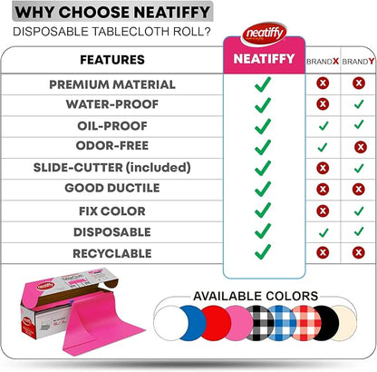 Neatiffy Disposable Plastic Table Cloth Roll | 54 in x 108 Ft Waterproof Tablecloth | Table Cover for Rectangle, Square, Round Oval Tables | Picnic, Party, Banquet, Birthdays, Weddings - Pink