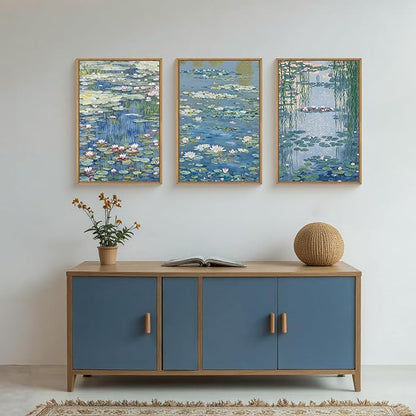 Large Nature Lilies Ponds Framed Canvas Wall Art,Impressionist Flower Wall Decor,Claude Monet Style Wall Painting,Garden Botanical Artwork for Living Room,Bedroom,Dining Room,Office -16"x24"x3