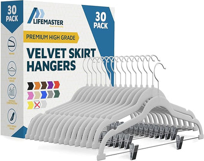 Velvet Skirt Hangers – with Adjustable Clips, 360 Degree Swivel Hook, and Non-Slip Shoulder Notch, Holds Up to 10 lbs, for Organizing Skirt, Pants, Dress, and Clothes, Pack of 30, White