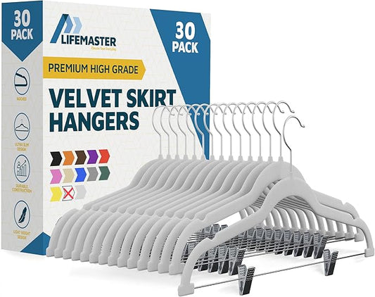 Velvet Skirt Hangers – with Adjustable Clips, 360 Degree Swivel Hook, and Non-Slip Shoulder Notch, Holds Up to 10 lbs, for Organizing Skirt, Pants, Dress, and Clothes, Pack of 30, White
