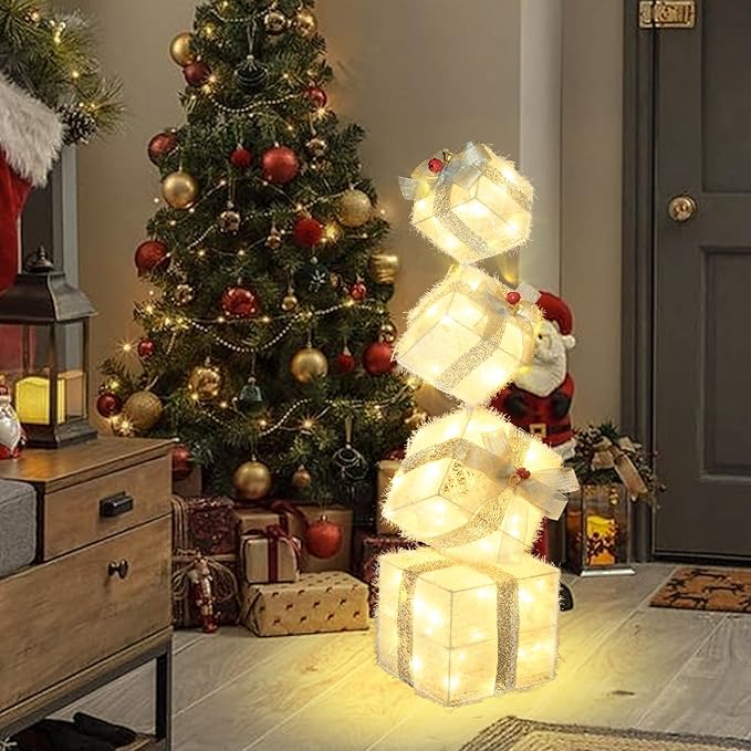 Christmas Lighted Gift Boxes Decorations Set of 4, 3.6Ft Stackable Christmas Nesting Boxes Battery Operated for Home and Party Decoration (10"-8"-6"-5", Silver Bow)