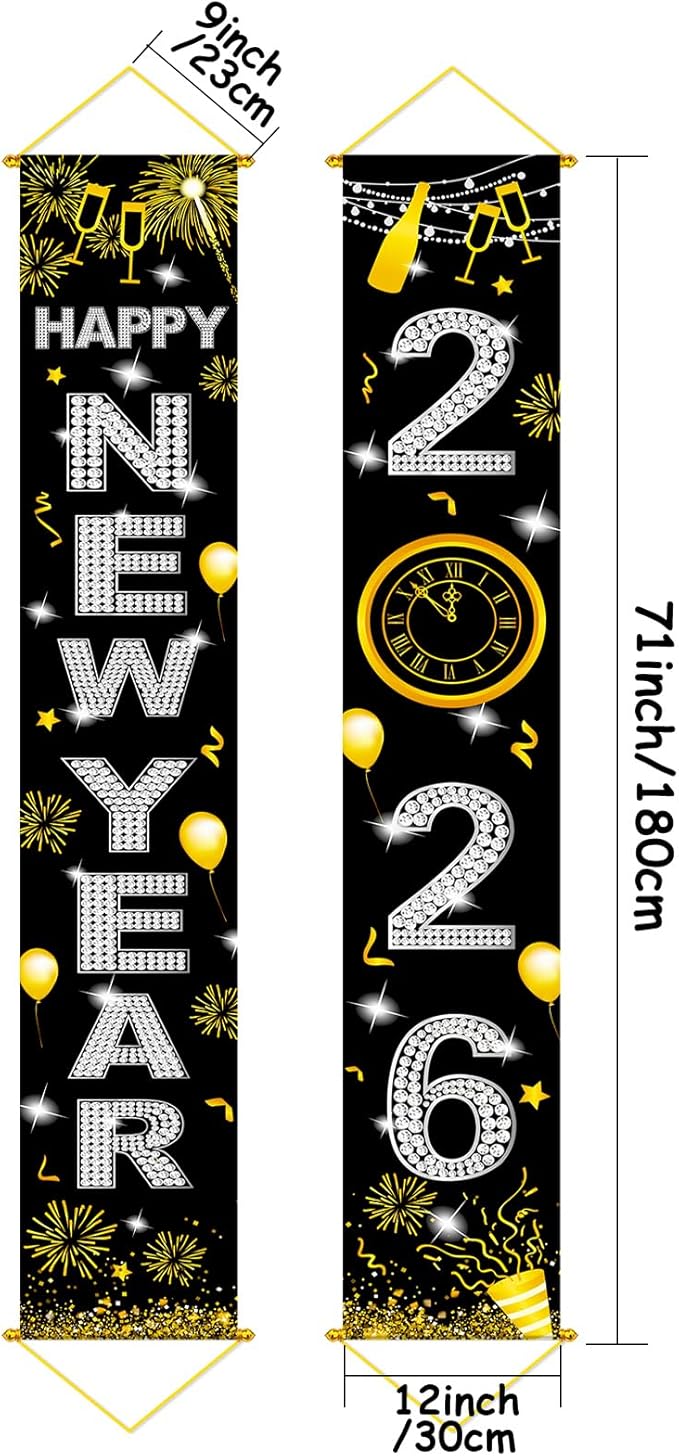 Upgraded, Ideal New Years Eve Party Supplies 2026, 300D Premium New Year Banner, Large 71x12in (with 2pcs Golden hanging rod) (Classic Diamond Style Design) HD Printing, Perfect for NYE Decorations
