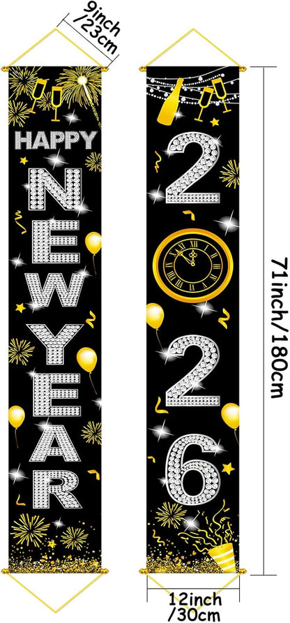 Upgraded, Ideal New Years Eve Party Supplies 2026, 300D Premium New Year Banner, Large 71x12in (with 2pcs Golden hanging rod) (Classic Diamond Style Design) HD Printing, Perfect for NYE Decorations