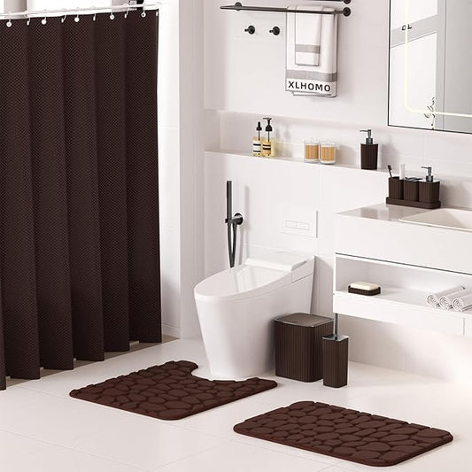 Bathroom Accessories Set - 25PC Bathroom Sets with Shower Curtain and Rugs, Brown Bathroom Accessories, Bathroom Accessory Set, Brown Shower Curtain Set, Trash Can & Soap Dispenser