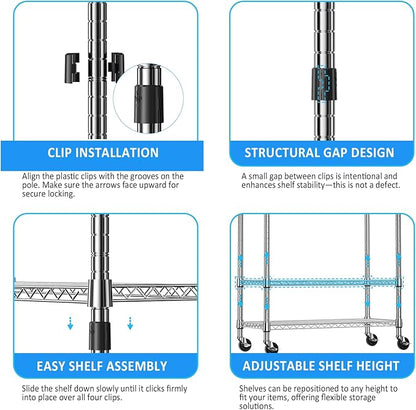 IZEUK Heavy Duty Rolling Garment Rack with 3 Adjustable Wire Shelves, Hanging Rod & Side Hooks - Mobile Clothes Rack with Wheels, 29.5" W x 15.7" D x 75" H,Chrome